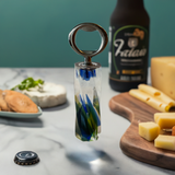 Resin bottle opener embedded with recycled wine bottle glass