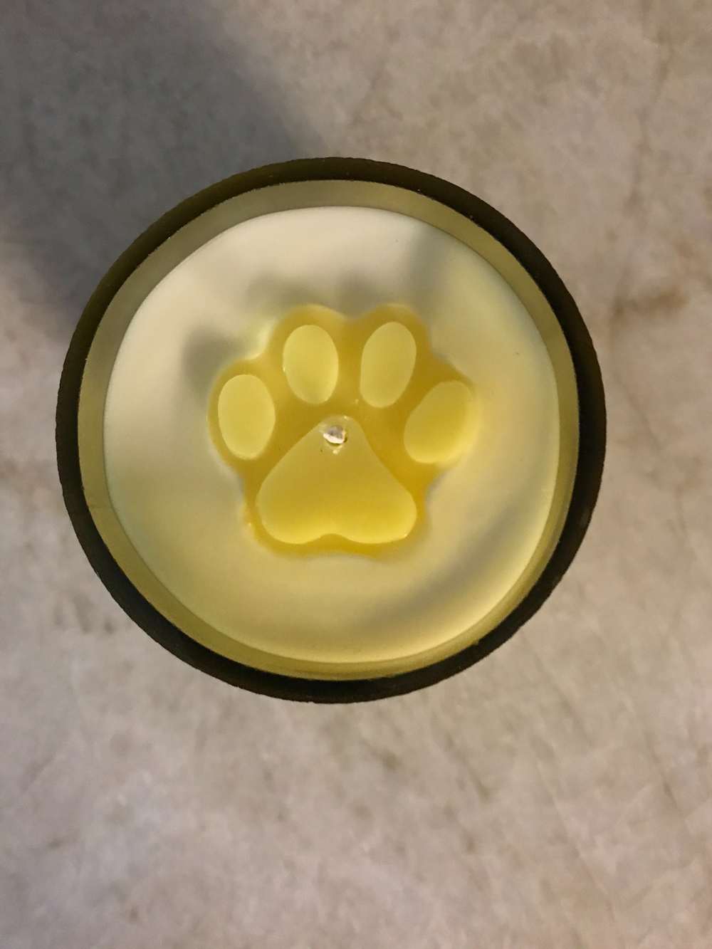 Candle made from a wine bottle.  Profits benefit animal rescue.